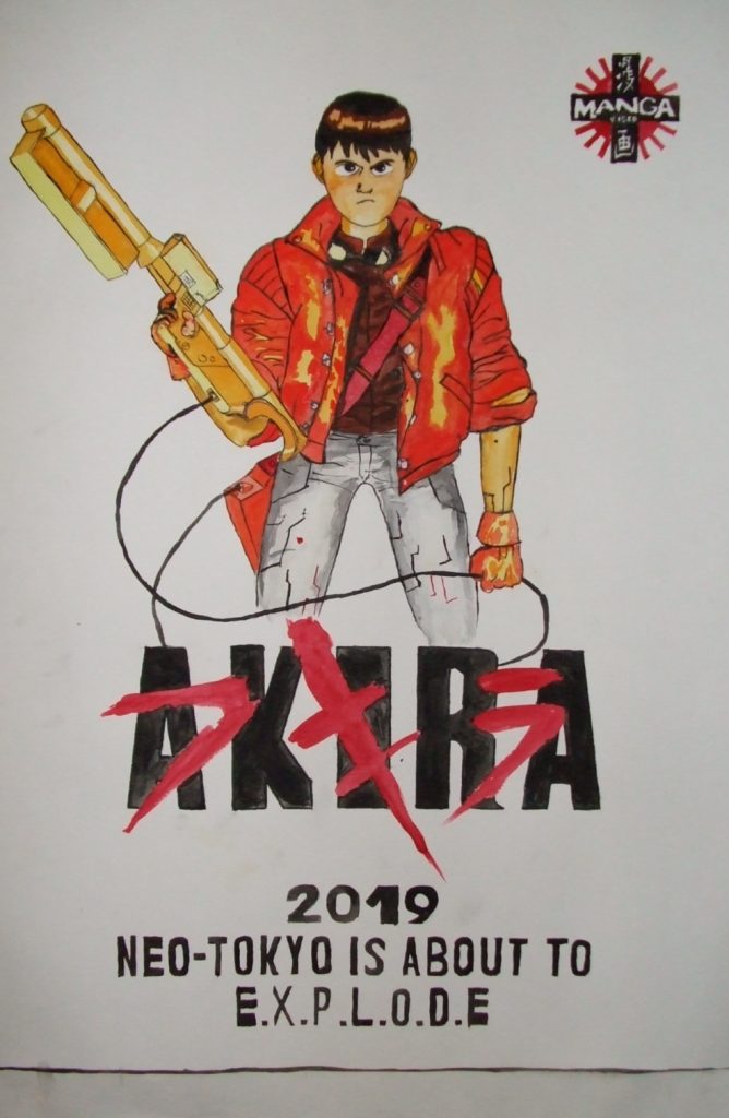 Aquarell-Porträtmalerei handgemacht - Detailliertes Aquarell-Poster von Akira im Format 100x60 cm, inspiriert vom legendären Anime-Klassiker.