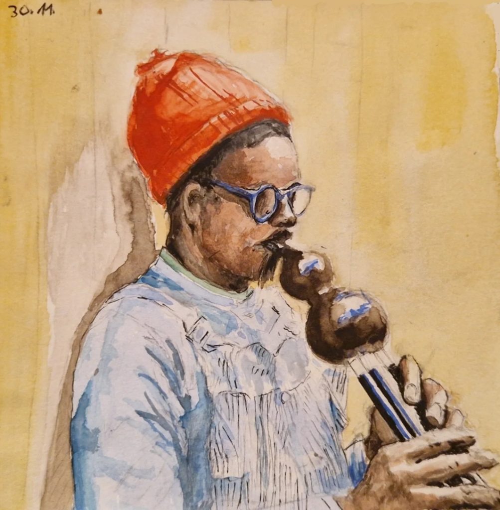 Einzigartige Porträts handgemacht: Das Aquarell 'André 3000' (25×25 cm) auf Büttenpapier zeigt lebendige Farben und feinste Details in reiner Handarbeit.