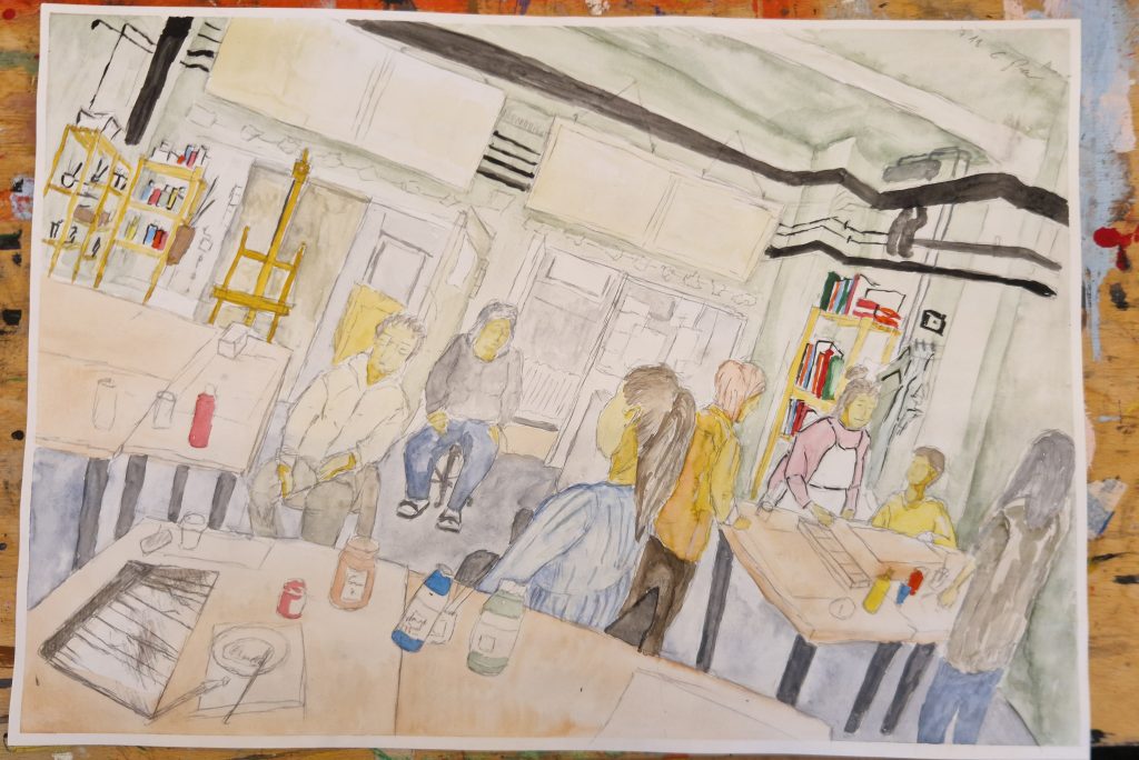 Eine lebendige Aquarellillustration aus der Kreativschmiede des Atelier Perc, im Format 60 cm x 40 cm. Das Bild stellt eine Kunstunterrichtsstunde dar und fängt die kreative Atmosphäre einer Live-Eventmalerei ein. Die weichen, fließenden Aquarellfarben und detaillierten Pinselstriche vermitteln eine inspirierende und dynamische Szene.