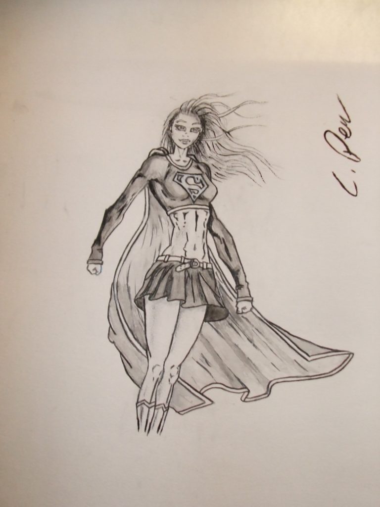 Aquarell-Porträtmalerei handgemacht – Ausdrucksstarkes Schwarz-Weiß-Porträt von Supergirl als Aquarell-Kunstwerk in 60x80 cm.