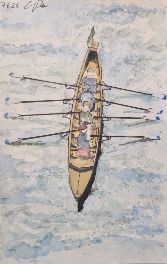 Ein Aquarell auf Büttenpapier mit dem Titel Ein Tag auf den Rhein im Format 15 cm x 25 cm. Das Bild zeigt ein Ruderboot mit vier Personen, das sanft über den Rhein gleitet. Die Szene ist in weichen, fließenden Aquarellfarben gehalten und vermittelt eine friedliche und idyllische Atmosphäre. Die detaillierte Darstellung des Bootes und der umgebenden Landschaft unterstreicht die Schönheit eines Tages auf dem Wasser.| Ein Aquarell auf Büttenpapier mit dem Titel Ein Tag auf den Rhein, geschaffen im Atelier Perc Kunst Minden. Das Bild im Format 15 cm x 25 cm zeigt ein Ruderboot mit vier Personen auf dem Rhein in idyllischer Atmosphäre.