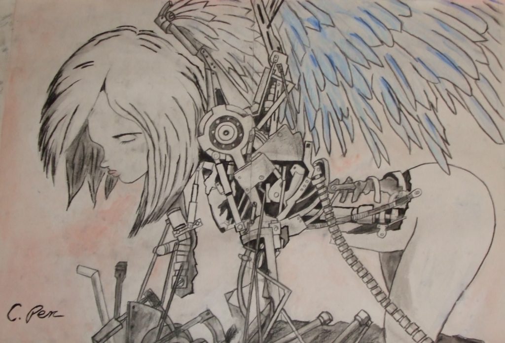 Aquarell-Porträtmalerei handgemacht – Farbenfrohes Anime-Kunstwerk von Battle Angel Alita in 70x40 cm mit dynamischer Maltechnik.